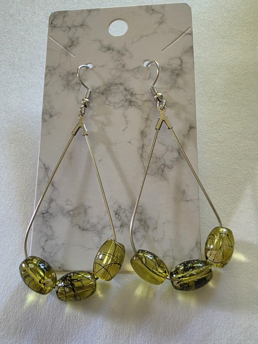 Silver Green Glass Bead Drop Earrings